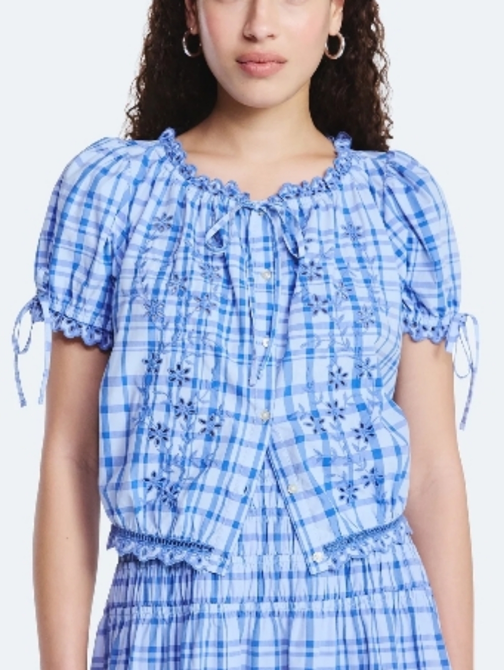 Free Assembly 100% Cotton Embroidered Eyelet Blue Plaid Peasant Top Size L
